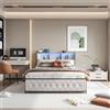 WOBOPCG Letto matrimoniale imbottito, 160 x 200 cm, LED, con doghe in legno, spazio di archiviazione, con 4 cassetti, 160 x 200 cm, con spazio di archiviazione, funzionale, con USB e tipo C, beige + velluto
