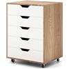 RELAX4LIFE Cassettiera Ufficio con Ruote, Piano 40x49 cm con Portata 45kg, Guide Metalliche, Silenziosa e Stabile, Mobile Porta Stampante per Ufficio, Casa (Bianco+Naturale, 5 Cassetti - 66 cm)