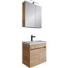 Planetmöbel Mobile sottolavabo con lavabo in ceramica 63 x 60 x 36,5 cm, armadio a specchio 60 cm con luce LED (nero opaco) e presa di corrente, set di mobili da bagno, rovere dorato