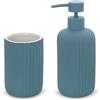 Inbagno Set Accessori Bagno 2 Pezzi in Ceramica Blu Pastello cannettato, Dispenser Sapone e portaspazzolini Soft Touch, Spring