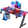 HLFURNIEU Scrivania Gaming LED, 120 x 60 cm Tavolo Gaming Ergonomica, Postazione Gamer con Portabicchieri e Gancio per Cuffie, Scrivania con Gamer Superficie in Fibra di Carbonio, Nero
