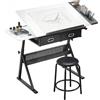 HOMCOM Tavolo da Disegno Inclinabile Altezza Regolabile con Sgabello, Scrivania per Disegno e Lavoro con Cassetti, Ripiano Portaoggetti per Pittura Ingegnere Scrittura Artisti Architetti, Bianco