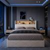 BSMGSGN Letto Contenitore Matrimoniale 140x200 cm, Letto Matrimoniale Contenitore con Sollevamento Idraulico, Testiera con USB e LED, Pelle PU Bianca e Quercia Chiara, Rete a Doghe, Senza Materasso