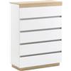 HOMCOM Cassettiera 5 Cassetti in Legno 80x40x109 cm Bianco e Rovere | Cassettiera Camera da Letto, con Dispositivo Antiribaltamento