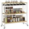 HOMCOM Carrello da Cucina a 4 Livelli con Portabottiglie e 5 Ganci Rimovibili, Carrello Portavivande Salvaspazio con Ruote a Freno in Legno e Metallo, 96.5x38x96.7 cm, Color Legno