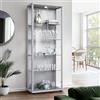 K-Möbel Vetrina in vetro alluminio/argento (176x67x33 cm) con 4 ripiani in vetro regolabili in altezza e LED - modello auto - Vetrina argento - Vetrina da collezione