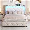 KeepGoon Letto imbottito 140 x 200 cm, con LED sul letto, letto matrimoniale, fibbia di cristallo, funzione di ricarica USB, barra di pressione dell'aria, letto in pelle PU bianca, con rete a doghe