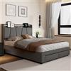MOTUZP Letto Matrimoniale 140x200 cm, Letto Imbottito con Luci a LED e Porta USB, Letti Contenitore Idraulico con 2 cassetti, Moderno Versatile, Senza Materasso, Imbottito in Lino Grigio