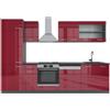 Vicco Cucina componibile R-Line, Rosso lucido/antracite, 300 cm | 8 Moduli · Piedini regolabili in altezza · Piano di lavoro incl. · Ante robuste · Con armadio per frigorifero