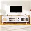 Goeria Mobili TV, mobili per TV con porta simile a rattan, porta scorrevole in vetro, tre aree aperte ad arco, lowboard con maniglie dorate e piedini in legno massiccio.