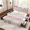 Oslghy Letto Imbottito 180x200 cm, Letto Matrimoniale con LED Striscia e USB Porta, Letti Idraulico con Contenitore 4 Cassetti Rulli e Pulsanti Testiera, Loghe in Legno, Lino, Beige, Senza Materasso