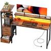 SOLAVERO Scrivania Gaming con LED e Presa, 152cm Scrivania Computer Reversibile con Ripiani & Cassetti in Tessuto, Tavolo Gamer con Supporto per Monitor e Gancio per Cuffie, Marrone Vintage