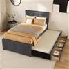 TIZZ Letto imbottito, letto con tre cassetti, letto familiare, letto estraibile e testiera regolabile, senza materasso (grigio, 90 x 200 cm)