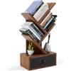 HOMASIS Libreria Scaffale ad Albero con Cassetto, Libreria Verticale a 4 Ripiani in Legno, Libreria Bassa e Moderna, Portalibri Salvaspazio da Soggiorno, Ufficio, 30 x 17,5 x 60cm, Marrone