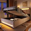 KecDuey Letto imbottito 90 x 200 cm, letto singolo con telecomando APP, con luci a LED, stoccaggio idraulico, senza materasso, con presa USB, lino (beige)