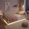 KRYZOR Letto Singolo Imbottito 90x200 con Multipresa e Illuminazione LED Regolabile, Letto Contenitore con Sommier e Ripostiglio, Divano Letto Singolo con Schienale, Letto Multifunzionale per