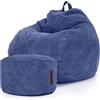 Green Bean© Set da 2 Poltrona a sacco XXL da interno + Pouf con imbottitura in perle EPS - Poggiapiedi Sgabello Cuscino per pavimento Sedia Cuscino per sdraiarsi sedersi - Blu scuro
