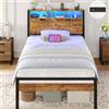 Brinlawb Struttura Letto Singolo 90x200 cm con Testiera in Legno Lavorato e Spazio di Stoccaggio Nascosto, Letto Singolo con Luce LED e Stazione di Ricarica (2 Prese CA 2 Porte USB) Marrone Vintage
