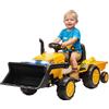 AIYAPLAY Escavatore per Bambini Elettrico 12V con Benna e Rimorchio Staccabile, Trattore Elettrica Cavalcabile con 2 Motori, Telecomando, Connessione Wireless, USB, Luci e Musica, 3-8 Anni, Giallo