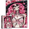 Tucocoo Puzzle di donna scheletro per adulti, 1000 pezzi, rose rosa in vetro vino teschio puzzle colorato fai da te puzzle artigianali per regali di decorazione domestica, puzzle di famiglia perfetto