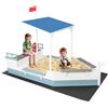 COSTWAY Sabbiera per Bambini a Forma di Nave Pirata con Tettuccio, Barca di Legno di Abete con Bandiera Timone e Sedili, Area Gioco di Sabbia, 218×110×162 cm