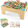 RELAX4LIFE Tavolo Attività in Legno per Bambini con Binari e Treno, da 84/80 Pezzi, Piano Reversibile e Rimovibile, Cassetto per Ragazzi e Ragazze (Naturale,84 pezzi)