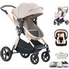 Shineey Passeggino trio,Carrellino per Bebè città 22kg con sedili,Passeggino pieghevole con vista alta,Buggy combinato pneumatici in gomma e vagone per bebè in alluminio (D2RICEWHITE, H2-D)