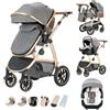 KakbgeePasseggino Combinato 3 in 1, Cittadini Con Seggiolino Auto ECE R129, Maniglia Regolabile in Altezza, Navicella Morbida Convertibile, Telaio in Alluminio Per Neonato 0-4