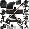 Magic ZC Passeggino Trio, Passeggino 3 in 1 con Spinta Reversibile a Due Vie, Trio Neonati con Accessori, Carrozzina per Neonati Design Portatile Pieghevole Un Clic (V10 Black Gold)