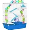 PawHut Gabbia per Criceti a 5 Livelli con Tubi e Ruota 59x36x69 cm Blu | Casetta, Serbatoio dell'Acqua, Rampe, Ciotola, Piattaforme, Gabbietta per Roditori, 2 Maniglie in Acciaio, PP e PS