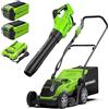 Greenworks Tosaerba a batteria + soffiatore a batteria (93 km/h, 14,2 m³/min) per superfici fino a 500 m², larghezza di taglio 41 cm, sacco da 50 litri Plus due batterie da 40 V 2 Ah con caricatore