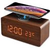 URPIZY Sveglia digitale con superficie in legno naturale e stazione di ricarica wireless per smartphone e cuffie compatibili. (marrone)