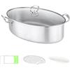 HZWJD Pentola per Pesce al Vapore 8Qt Set Vaporiera Ovale per Pesce in Acciaio Inossidabile 304 con Griglia, Padella in Ceramica, Mandrino, Pentola per Pesce al Vapore, Zuppa Bollente, 2 Colori,Argento