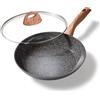 STONELINE CERAMIC Grande padella in ceramica con coperchio, 28 cm, adatta a induzione, antiaderente con particelle di pietra, senza PFAS, per tutti i piani cottura e forno, manico effetto legno