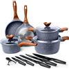 La Moustache - Batteria di Pentole e Padelle a Induzione, Alluminio con Antiaderente | 8 Pezzi Amalfi + 5 Coltelli Neri Inox con Sbucciatore, Tutti i Piani Cottura, senza PFOA e PFAS
