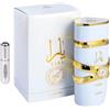 RESAES Resistant and aesthetic Profumo Yara MOI bianco originale 100 ml, profumo arabo di lunga durata, Eau da Parfum importato da Dubai, include atomizzatore ricaricabile 5 ml, fragranza tropicale e vibrante, unisex (Yara MOI)