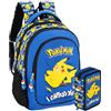 Clondo Set Scuola 2 Pezzi Per Pokemon Fan Zaino Scuola Elementare Bambini 43cm Ergonomico + Astuccio 3 Scomparti Completo (46 Accessori) | School Pack Personaggi