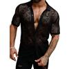 Generico Camicia da Uomo in Pizzo Floreale Traforato, Maniche Corte Trasparenti e Sexy in Rete
