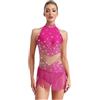 Manyakai Ffemme Body Ginnastica Pattinaggio Artistico Combinazione Danza Latina Frangié Strass Costume Competizione Spettacolo Rosa acceso XS