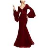 Generisch Abito da sera da donna, scollo a V, coda di pesce, abito da cocktail, maniche a lanterna, abito da festa, abito da ballo, in pizzo, sexy, per matrimoni, feste, club, occasioni, O rosso., S