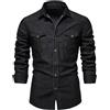 GaoLeAve Autunno Cotone Denim Camicia Uomo Tinta unita Manica Lunga Top Camicetta Elastico Casual Sottile Giacca Slim Fit Cowboy Camicie, Nero , S