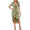 LIUYUYOUGO Vestito Donna Abito da Donna in Raso Midi Elegante con Scollo A V Arricciato Estivo Tinta Unita A Maniche Corte Sexy con Spacco Gonna A Tubino Outfit Quotidiano da Lavoro Verde Salvia Tag