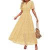 Goolecrimp Vestito estivo da Donna con scollo a V sexy casual da spiaggia a pieghe a maniche corte svolazzante alla moda formale da festa con nappa e corsetto lungo (Giallo,L)