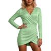 Generisch Abito da donna elegante con scollo a V, a maniche lunghe, mini abito da festa, con paillettes, pieghevole, da cocktail, da sera, da sera, Verde chiaro, M