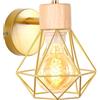 iDEGU Lampada da Parete Vintage 16CM Applique da Parete in Legno Metallo Design Gabbia Industriale E27 Illuminazione Interni Lampada a Muro per Corridoio Soggiorno Camera da Letto (Tipo-B D'oro)