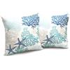 Cryfox, Set di 2 copricuscini decorativi 20x20, estivi, costieri, per divano e poltrone, colore corallo, fodere per cuscini blu mare, spiaggia, conchiglie, stelle marine, per esterni, protettori per