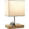HOMCOM lampada da tavolo con presa E27, porte di ricarica USB-A+C e 3 portacellulari, lampada da comodino con base in legno massiccio e paralume in tessuto per camera da letto e soggiorno, lampadina