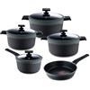 MasterPro Gastro Reeco | Set de 9 piezas | Sartén de 24 cm, 3 Cacerolas de 20, 24 y 28 cm y Cazo de 16 cm con Tapa| Aluminio Fundido Reciclado | Revestimiento Antiadherente