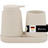 eluno TESERO - Set di accessori da bagno con superficie soft touch, 3 pezzi, composto da 1 dispenser di sapone, 1 tazza e 1 ciotola, ideale per bagno e cucina in plastica (beige)