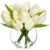 Oairse 14 piccoli fiori artificiali in vaso, veri al tatto, tulipani finti in vaso di vetro cubo, con acqua sintetica, mini bouquet di tulipani bianchi, per casa, matrimonio, centrotavola, decorazione